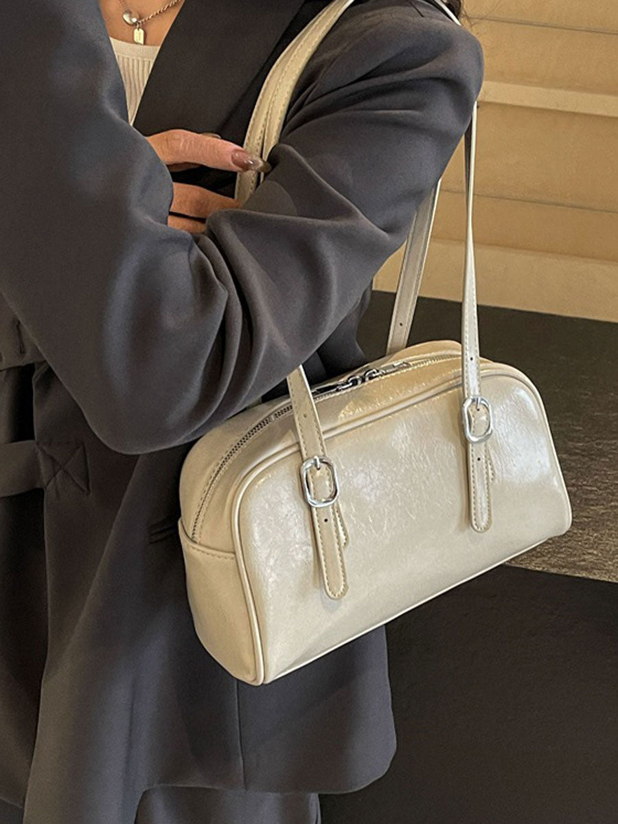 Vintage Boxy Leather Baguette Handbag White