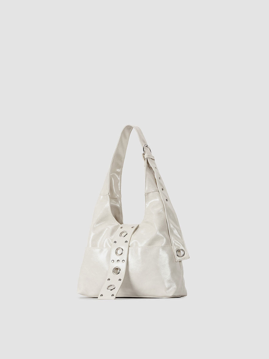Large Patent Leather Hobo Bag with Grommet Strap Brown
