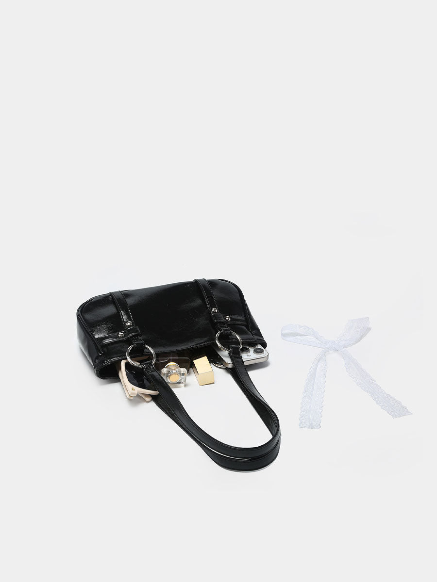 Vintage Shoulder Bag with Lace Bow Black