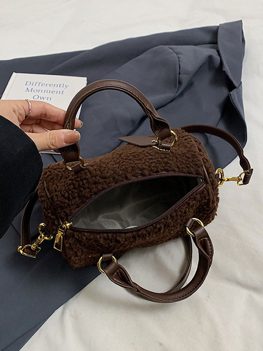 Winter Plush Boston Crossbody Bag Beige