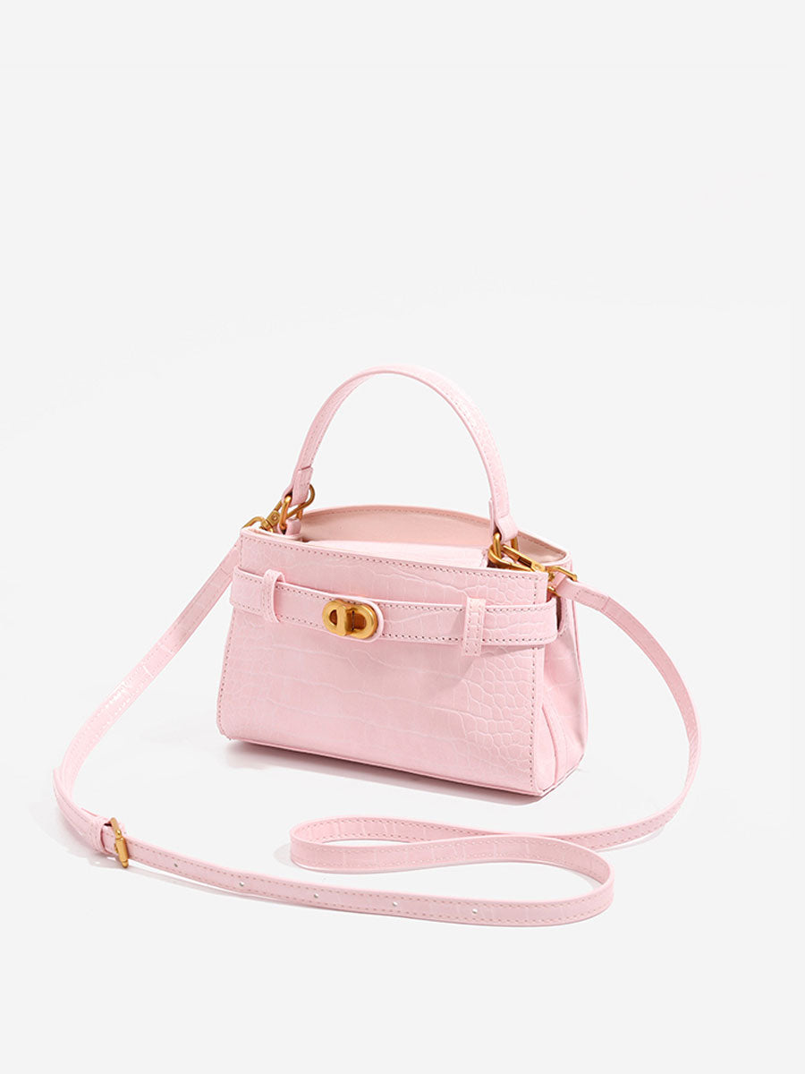Croc Embossed Real Leather shoulder Handbag Pink