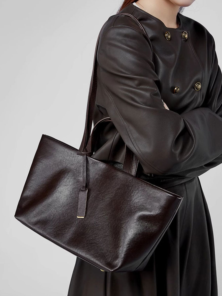 Oversize Genuine Leather Dual Handle Tote Bag Coffee