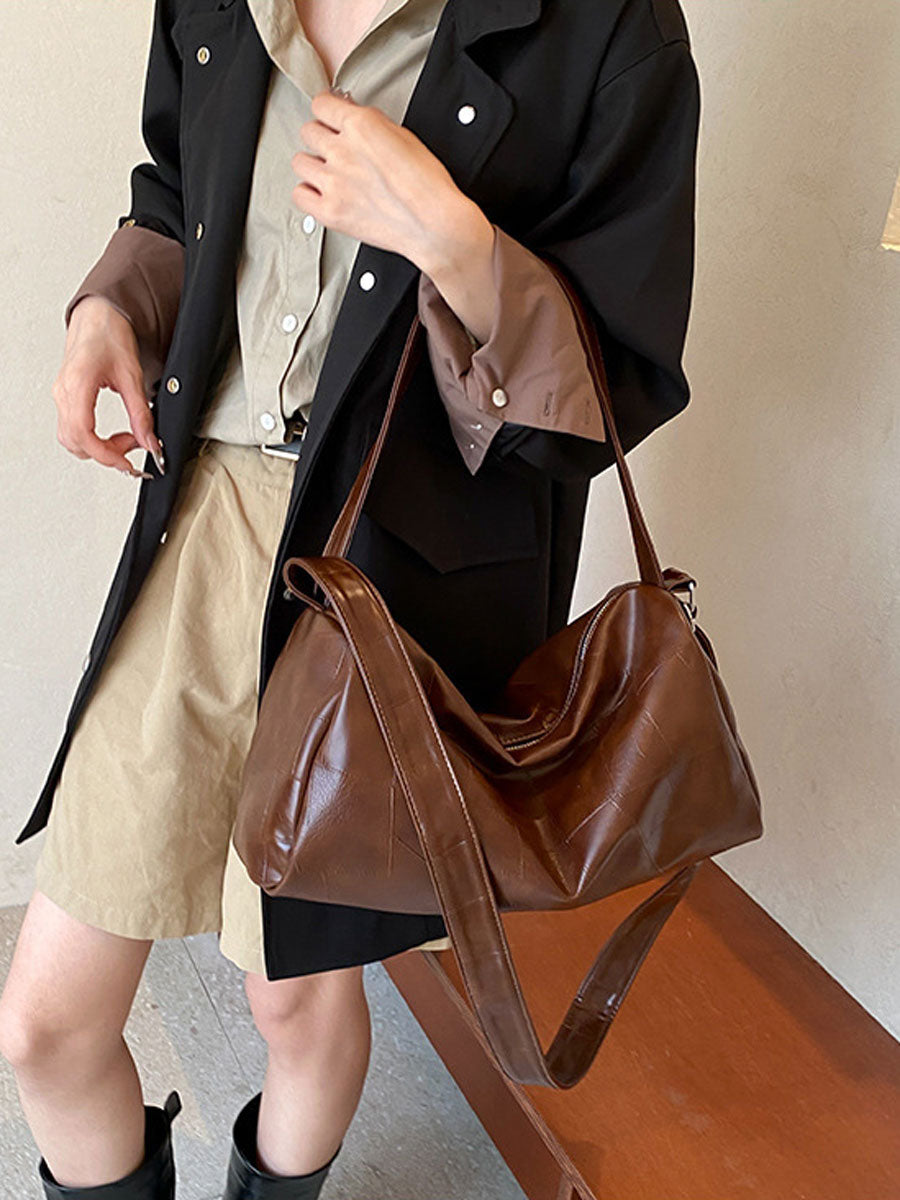 Oversized Leather Shoulder Bag Brown