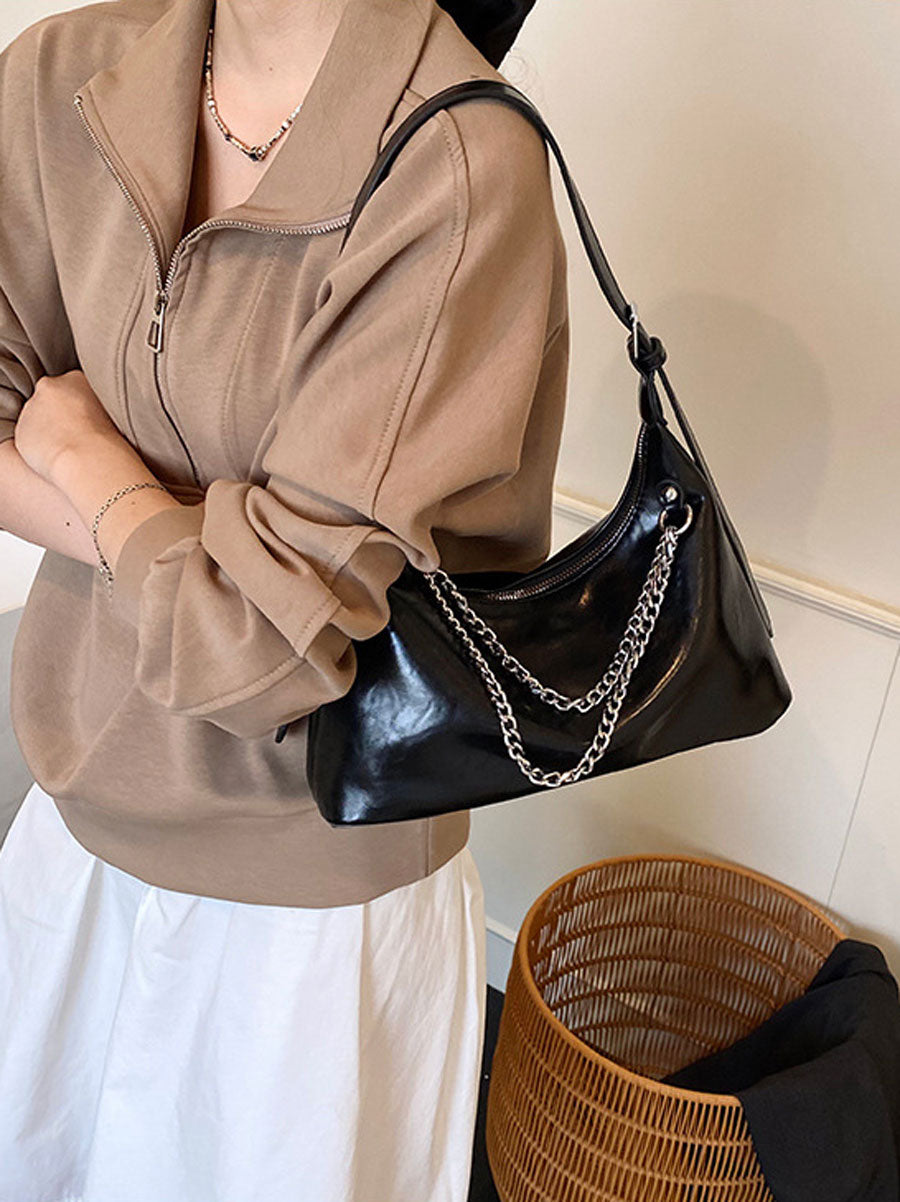 Chic Leather Underarm Bag with Chain White