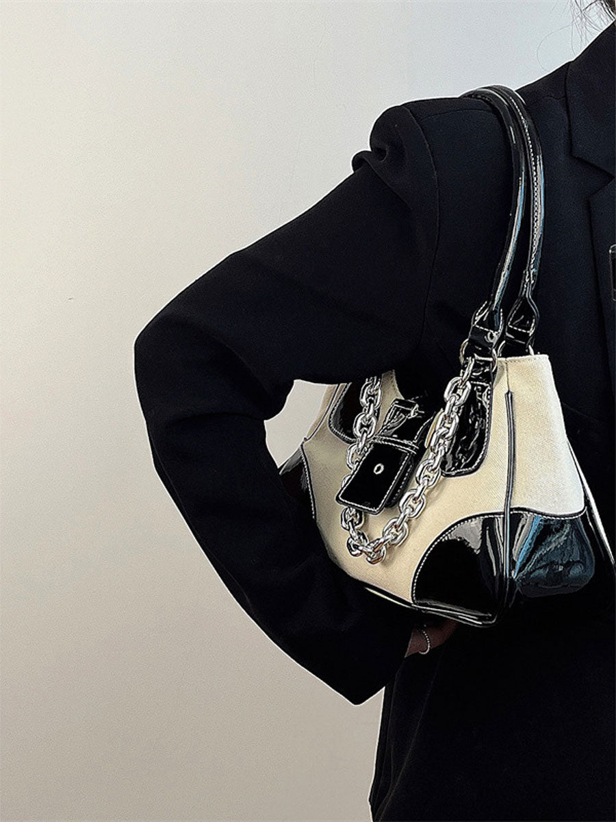 Patent Leather Chain Underarm Shoulder Bag Black