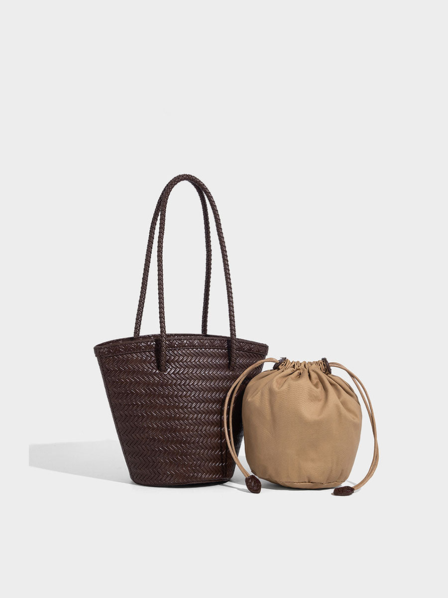 Boho Real Leather Woven Bucket Tote Bag Black