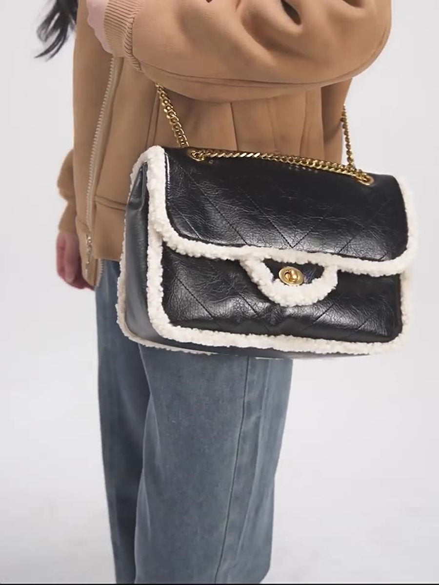 Vintage Shearling Trim Shoulder Bag Brown