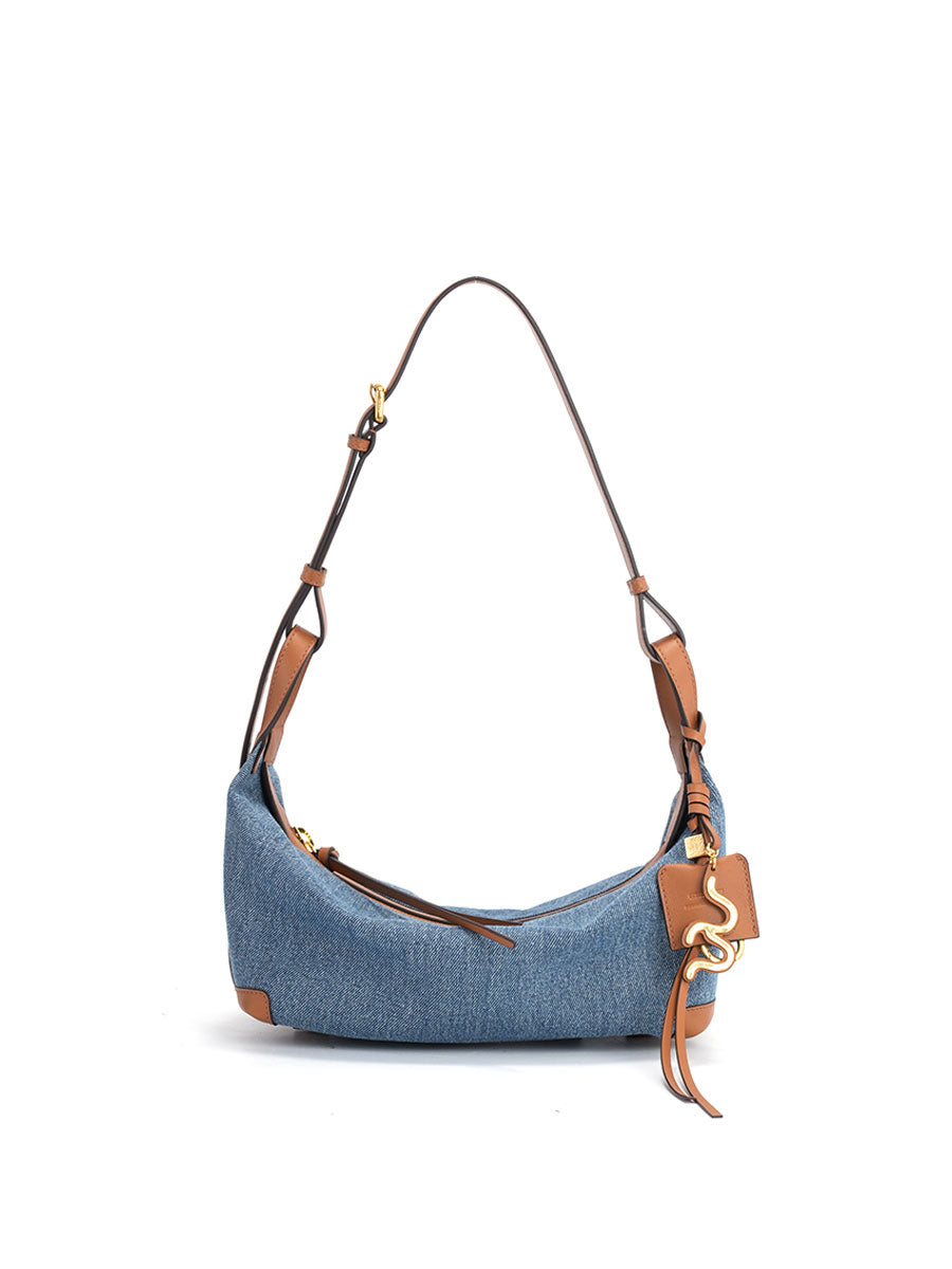 Denim Leather Crescent Baguette Bag Small Size