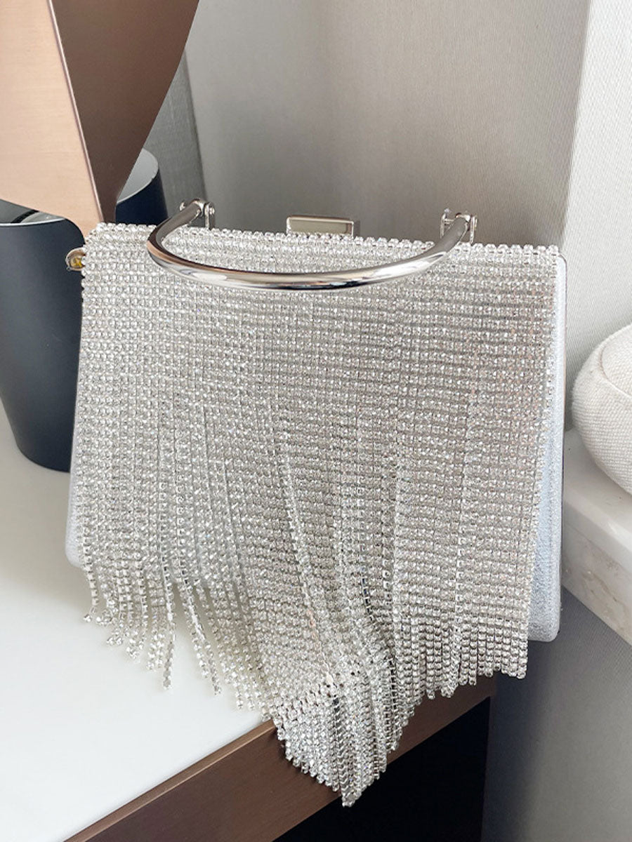 Box Rhinestone Tassel Handbag Silver