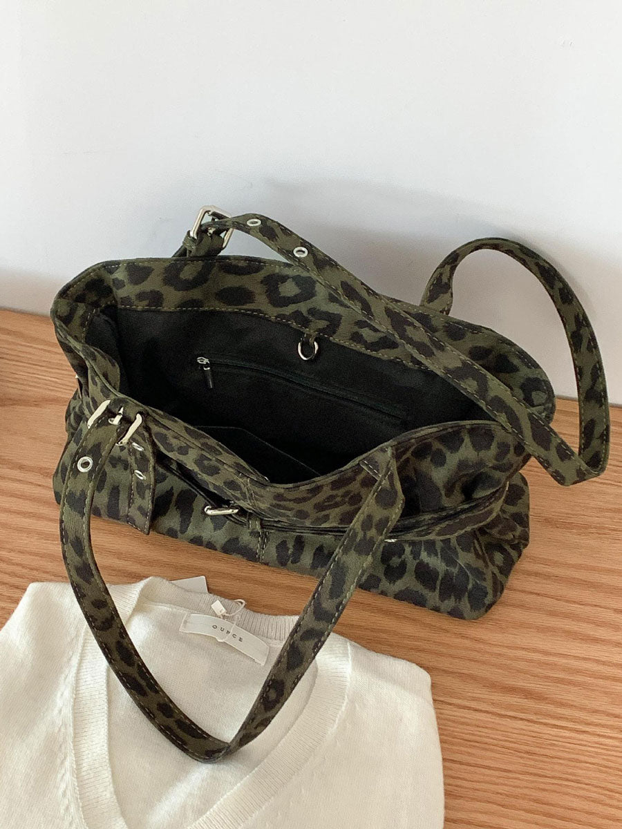 Leopard Print Oversized Shoulder Bag Green