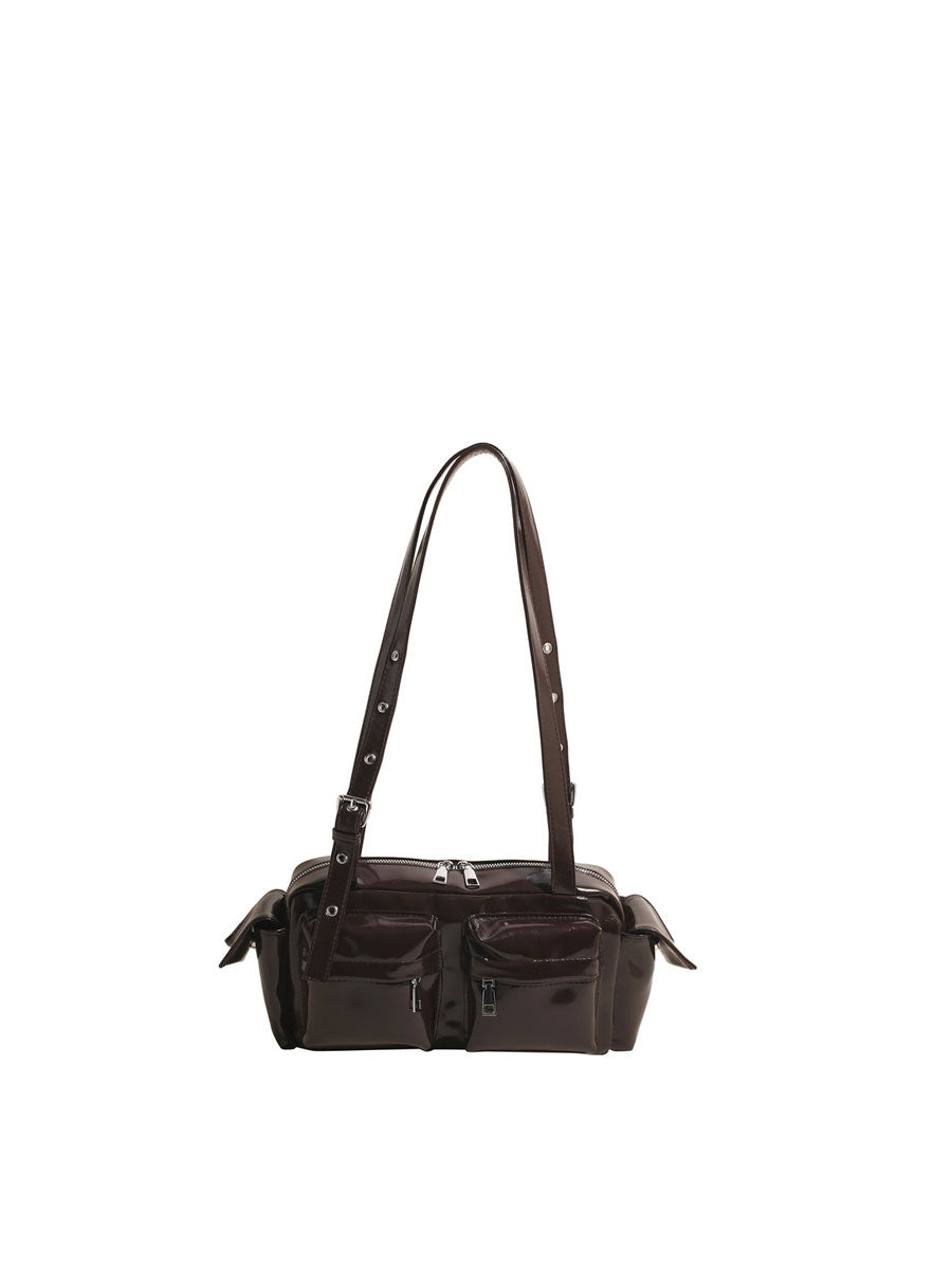 Glossy Vegan Leather Shoulder Bag Black