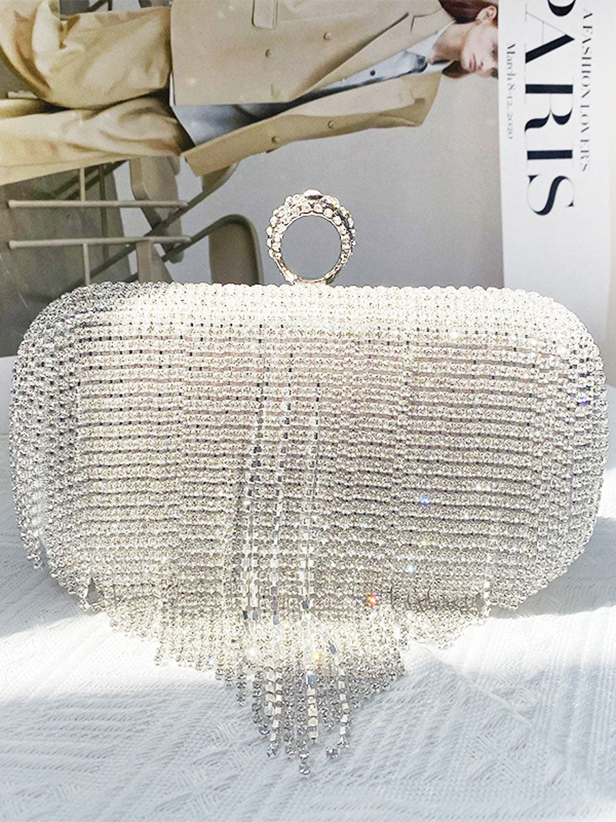 Rhinestone Tassel Clutch Purse Handbag Black