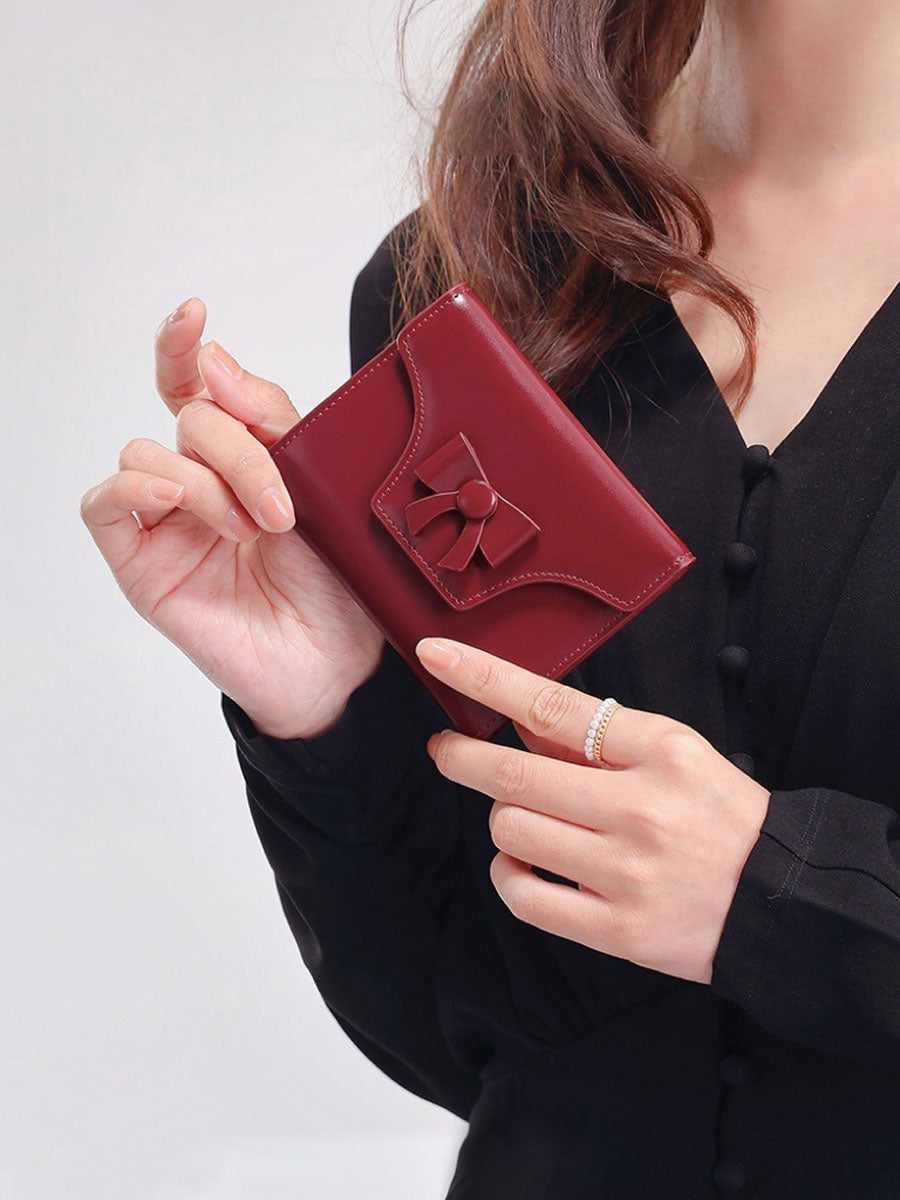 Genuine Leather Bow Short Wallet Red