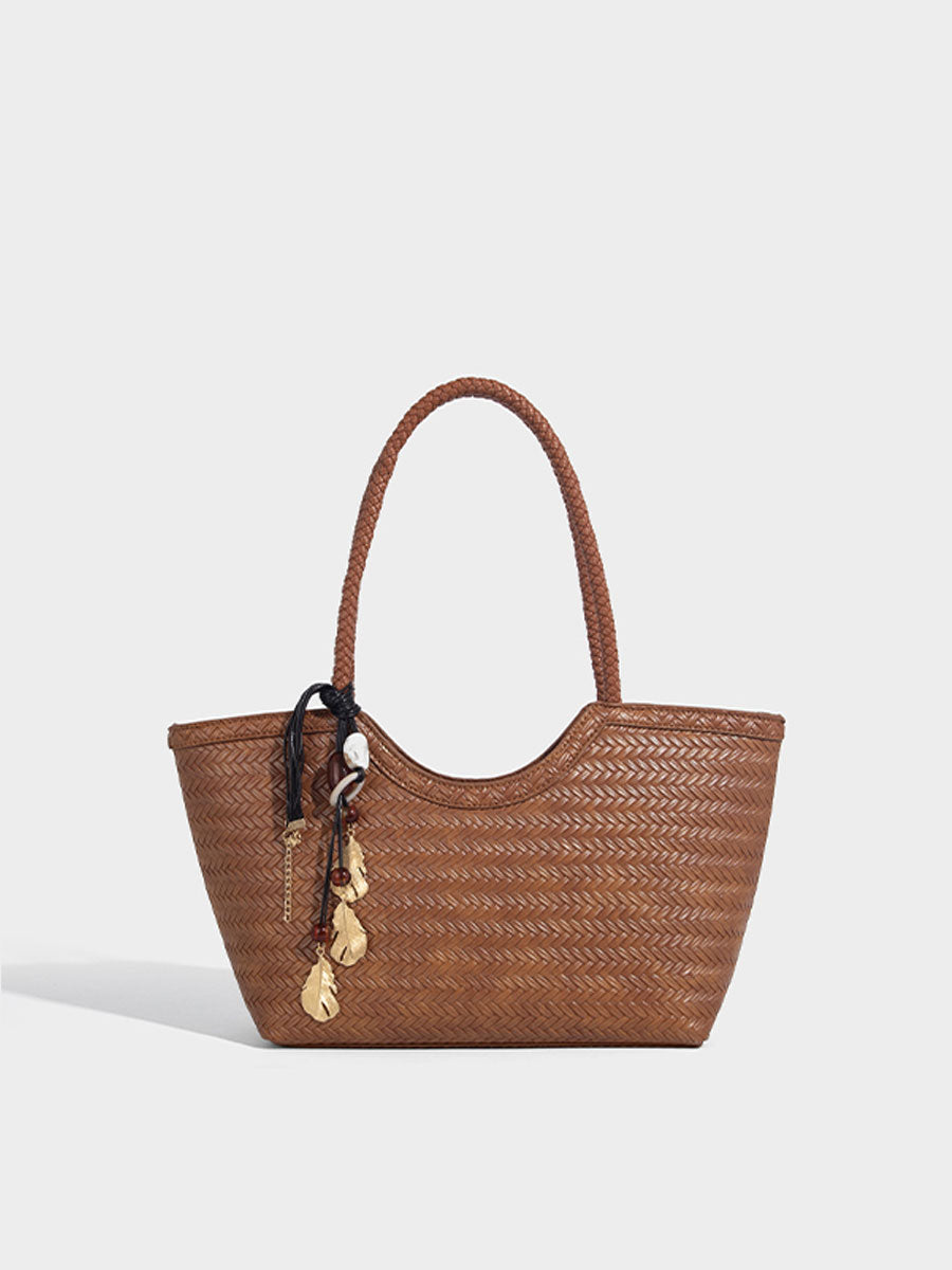 Boho Real Leather Woven Tote Bag Reddish Brown