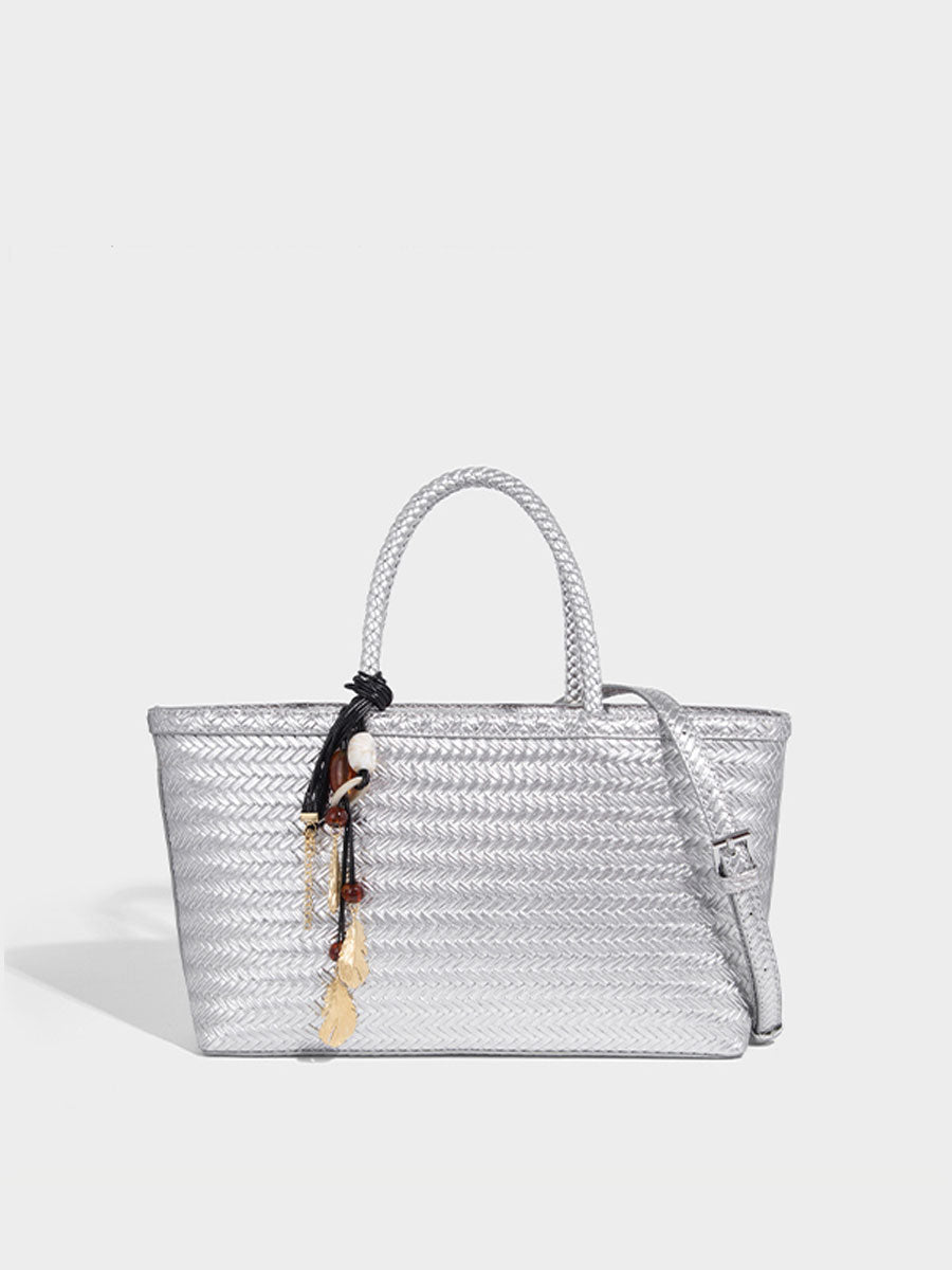 Real Leather Woven Tote Basket Bag White