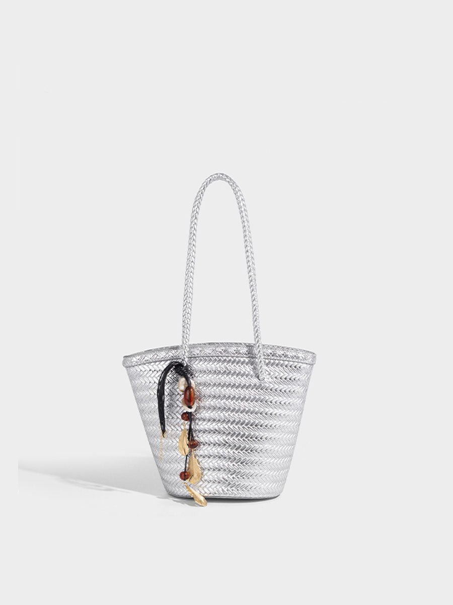 Boho Real Leather Woven Bucket Tote Bag Black