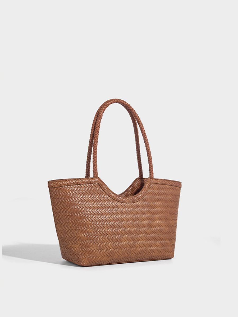 Boho Real Leather Woven Tote Bag Reddish Brown