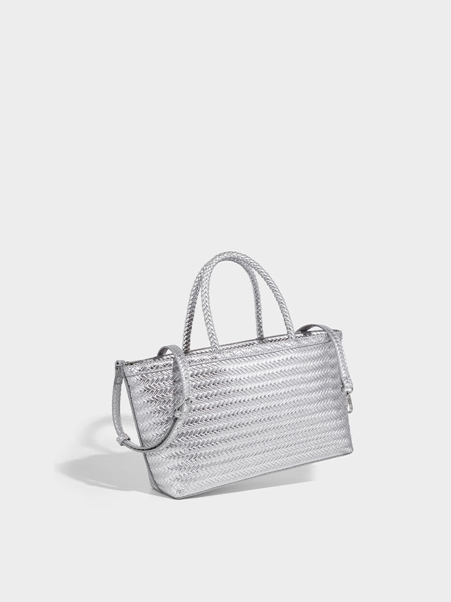 Real Leather Woven Tote Basket Bag White