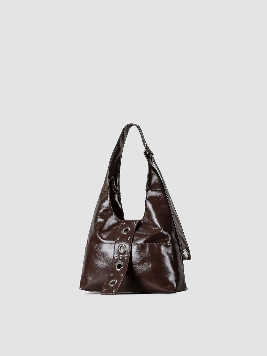 Large Patent Leather Hobo Bag with Grommet Strap Brown