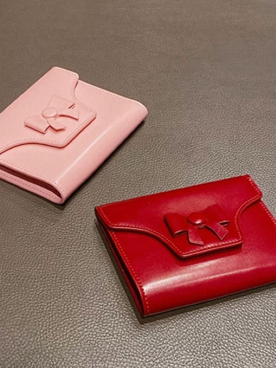 Genuine Leather Bow Short Wallet Red