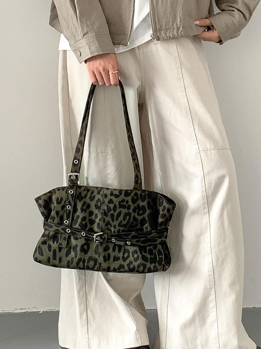 Leopard Print Oversized Shoulder Bag Green