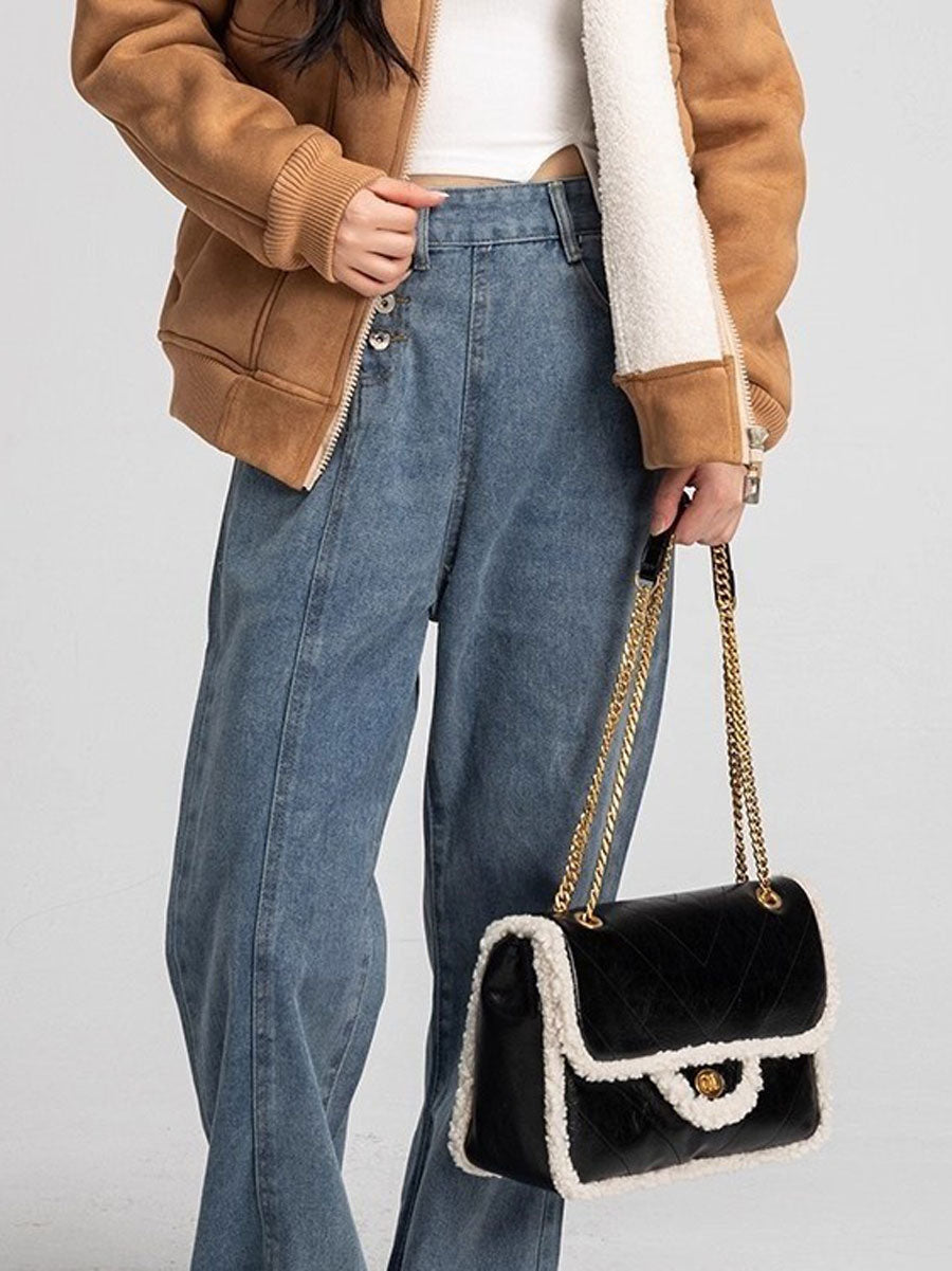 Vintage Shearling Trim Shoulder Bag Brown