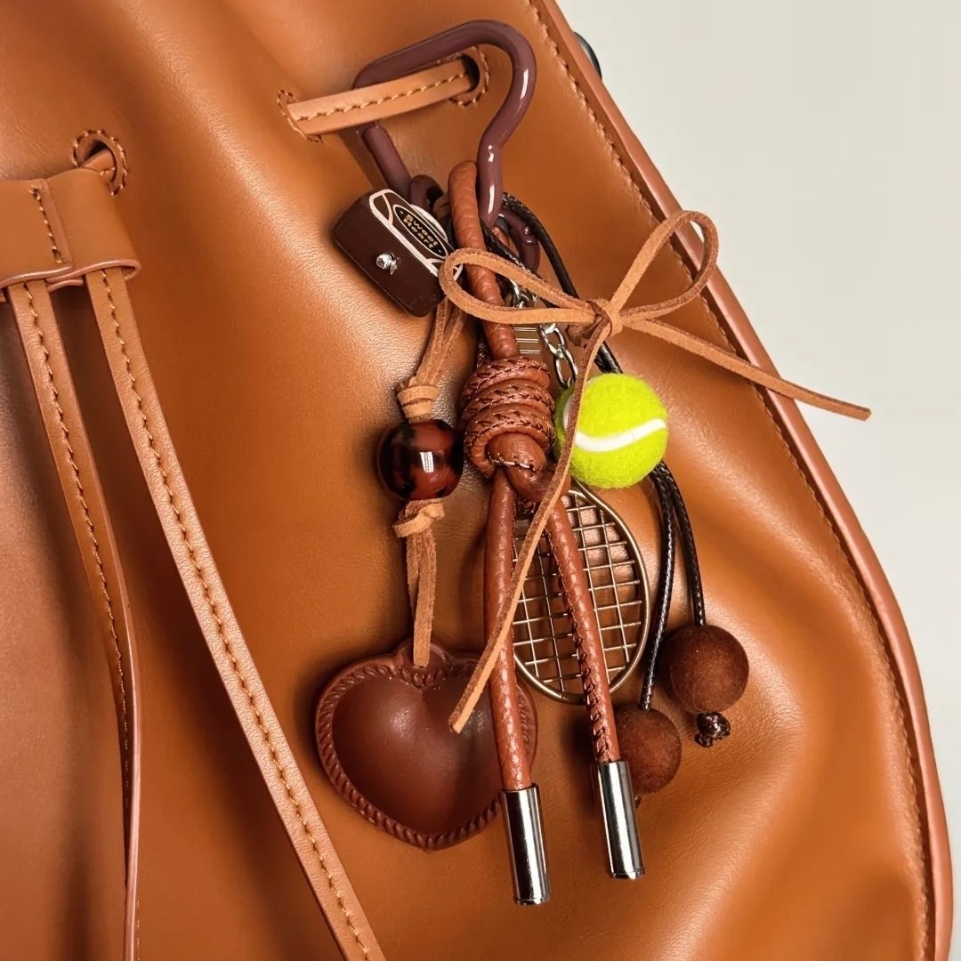 Brown Leather Bow-knot & Tennis Ball Bag Charm