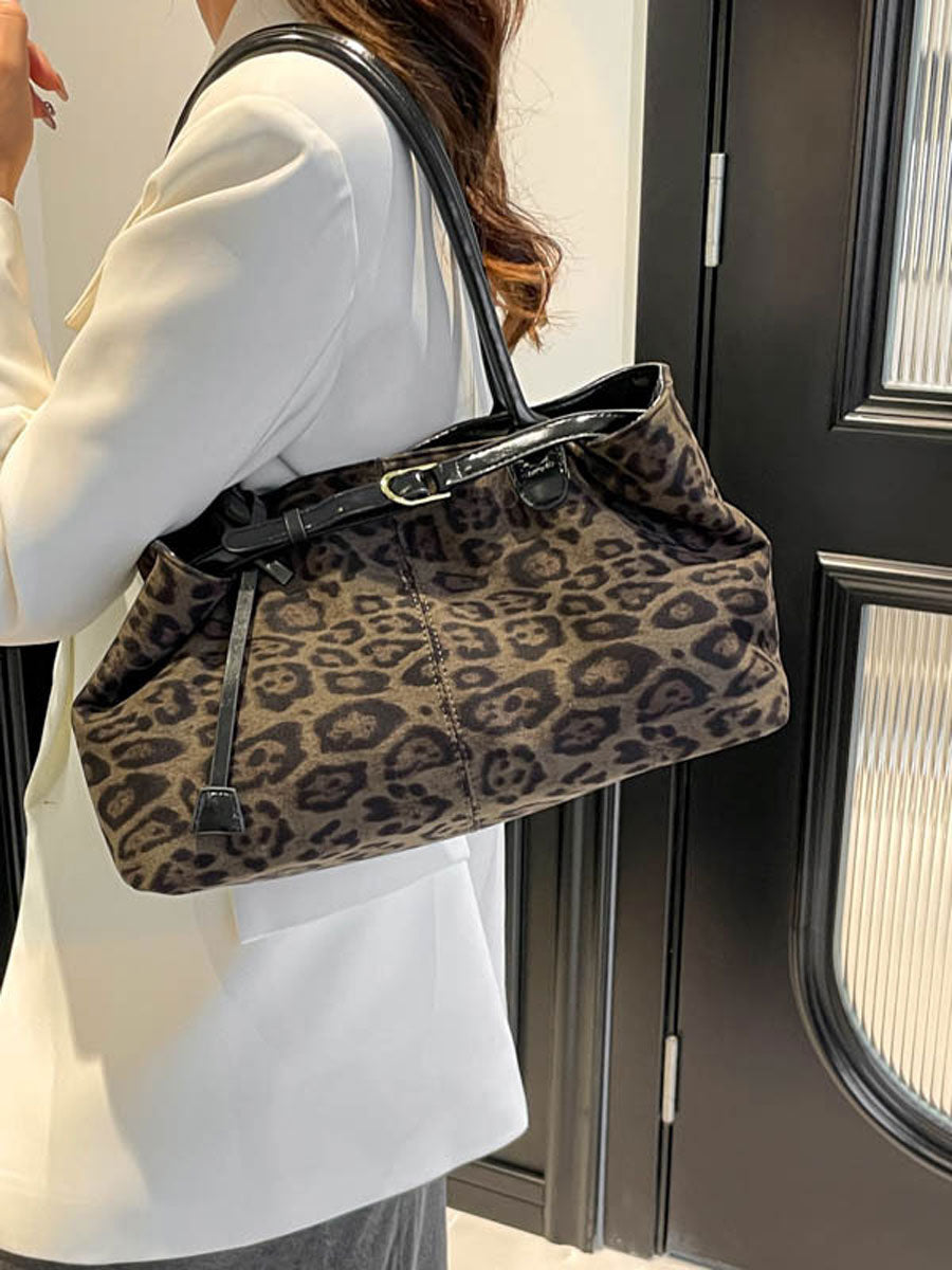 Vintage Suede Tote Bag Large Capacity Brown Leopard