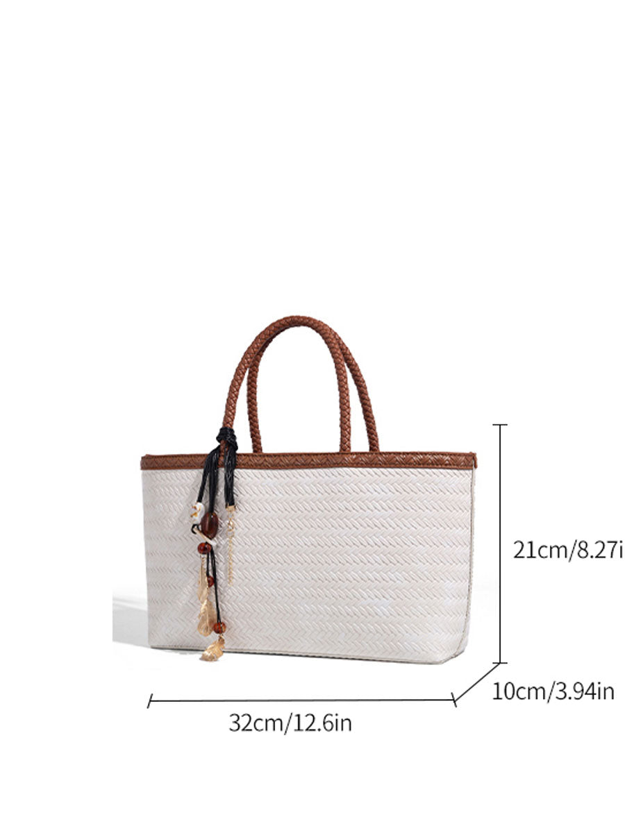 Real Leather Woven Tote Basket Bag White