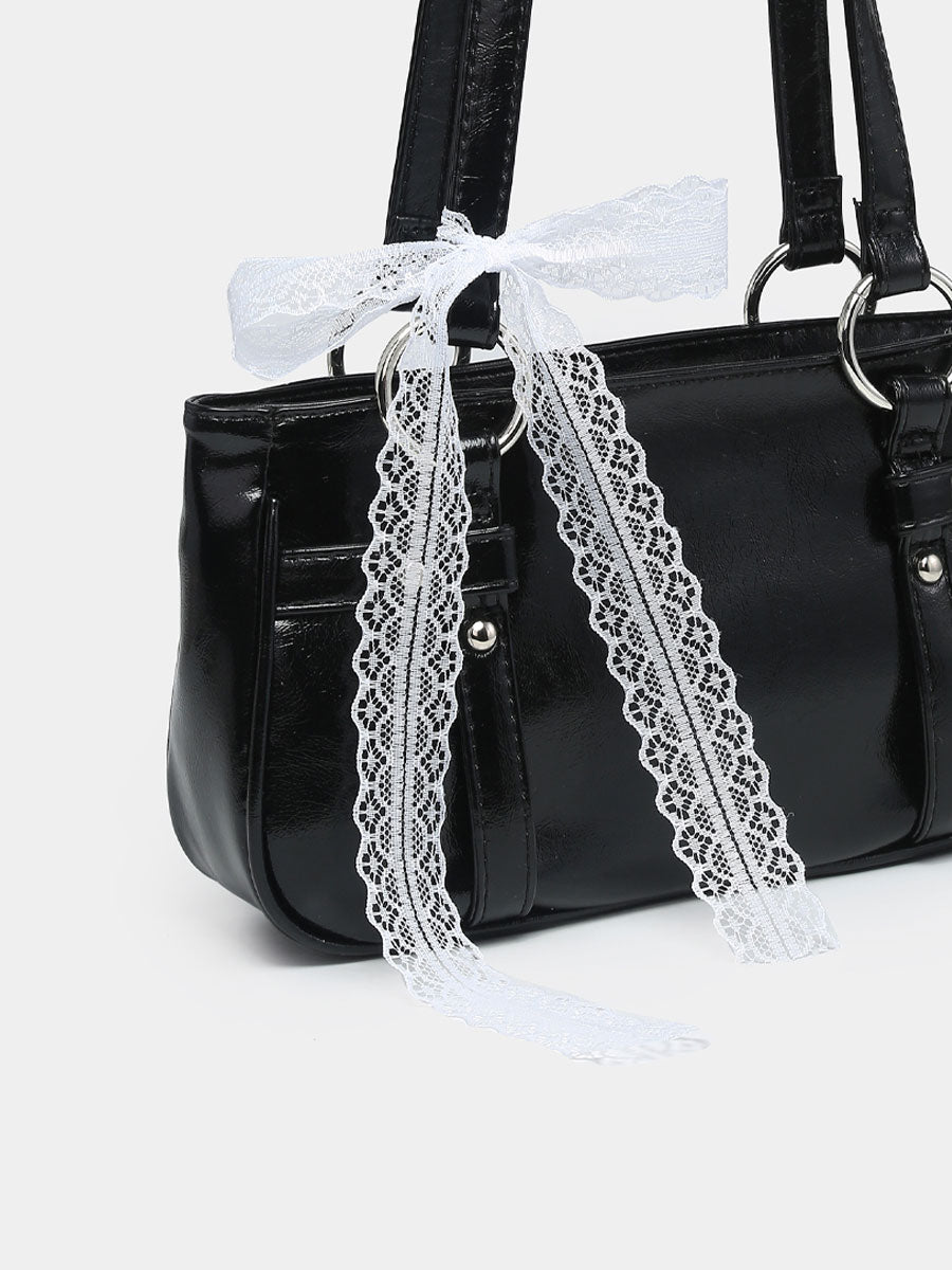 Vintage Shoulder Bag with Lace Bow Black