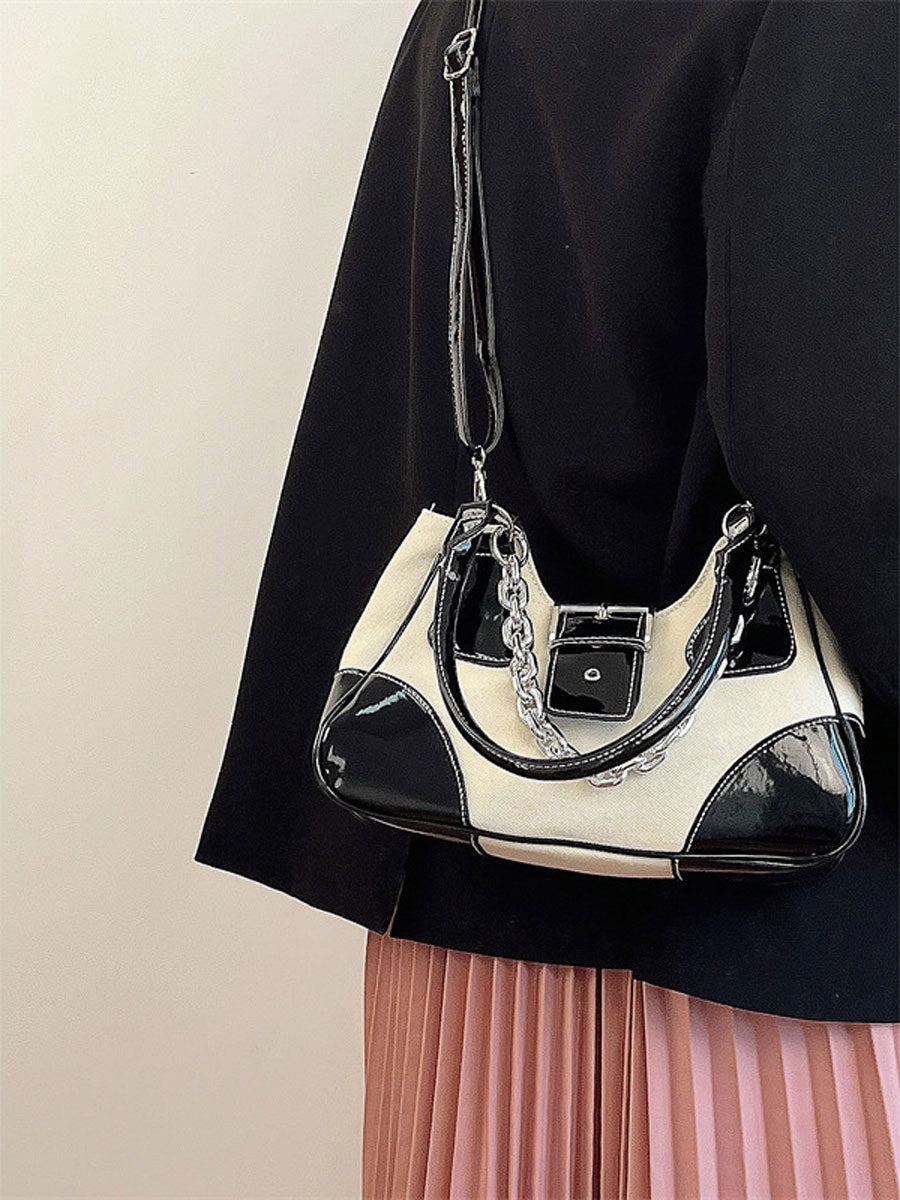 Patent Leather Chain Underarm Shoulder Bag Black