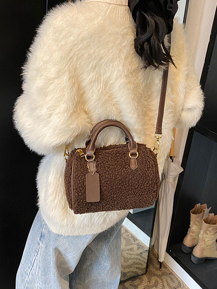Winter Plush Boston Crossbody Bag Beige