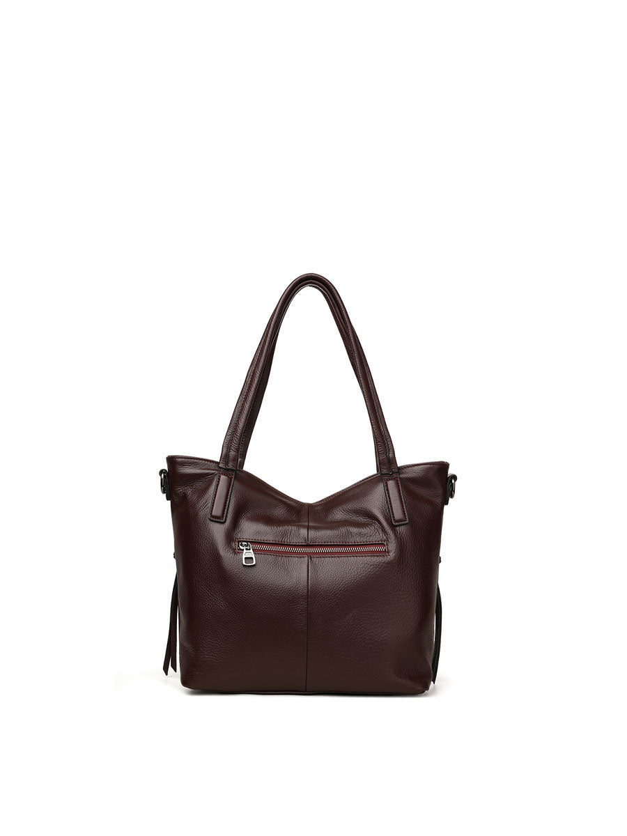 Genuine Leather Tote Bag With Zipper Red