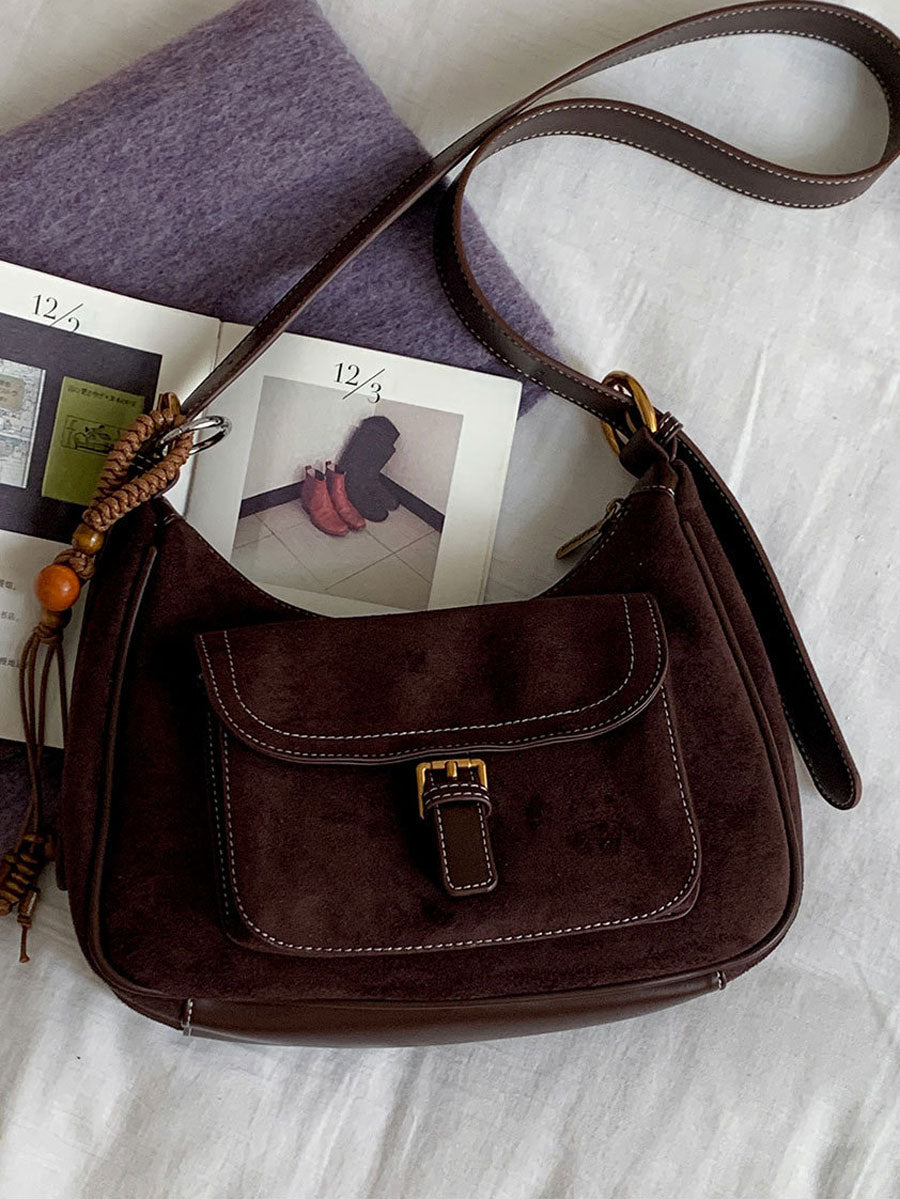 Vintage Suede Commuter Shoulder Bag Khaki