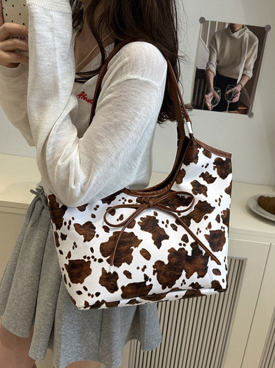 Cow Print Tote Bag with Bow Brown