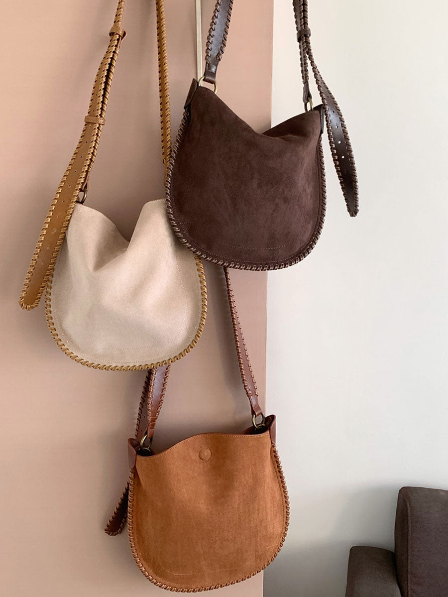 Vintage Suede Hobo Shoulder Bag Beige Small
