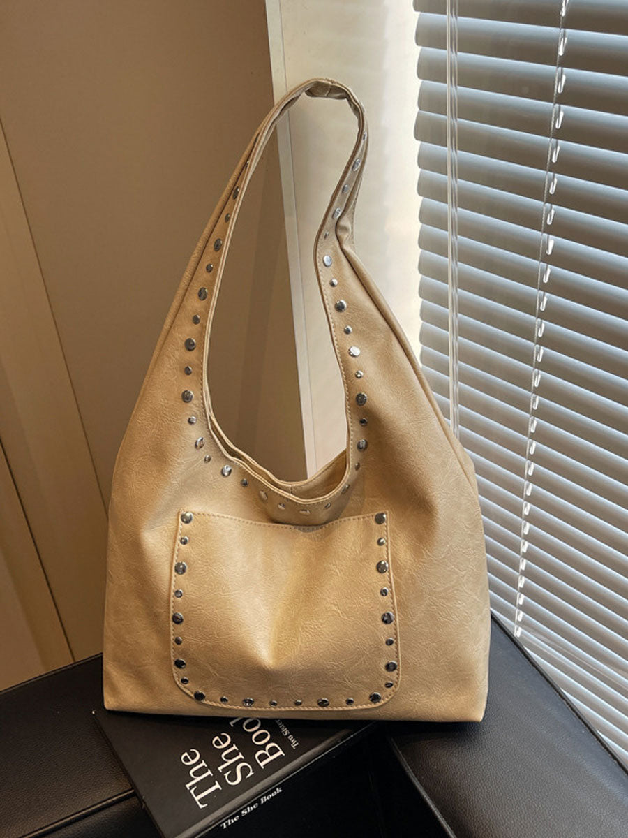 Studded Soft Leather Shoulder Tote Handbag Beige