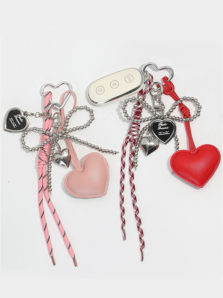 Silver Bead Bow Bag Charm – Chic Leather Heart Keychain Pendant for Women