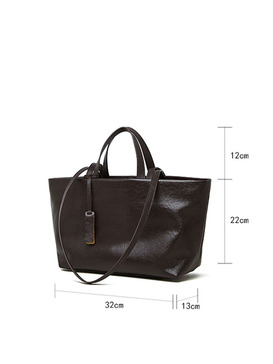 Oversize Genuine Leather Dual Handle Tote Bag Coffee