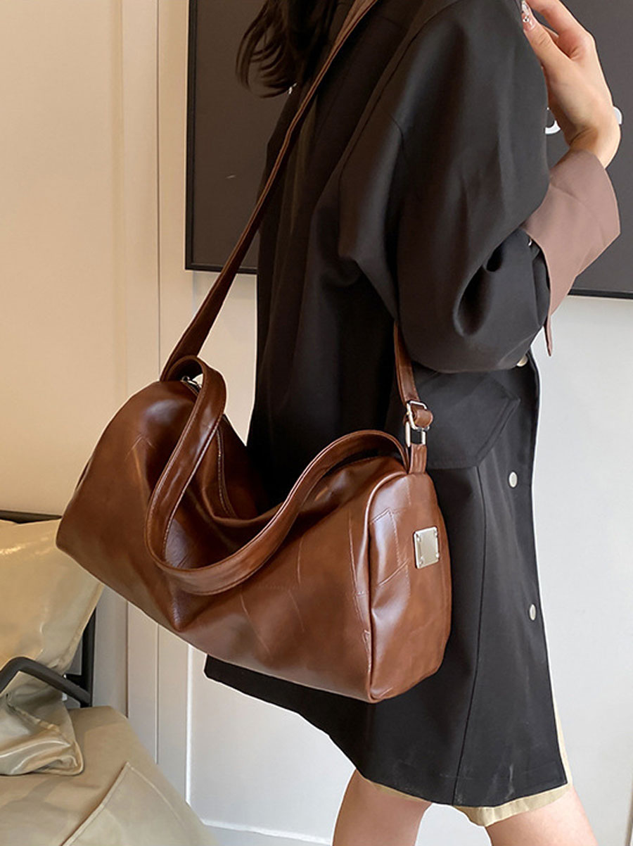 Oversized Leather Shoulder Bag Brown