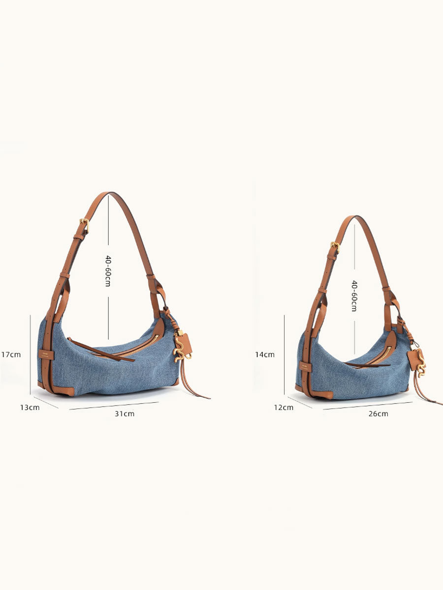 Denim Leather Crescent Baguette Bag Small Size