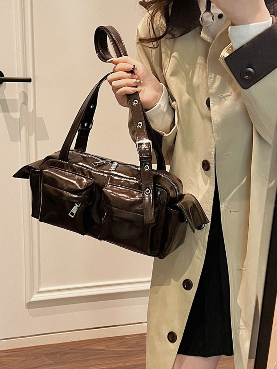 Glossy Vegan Leather Shoulder Bag Black