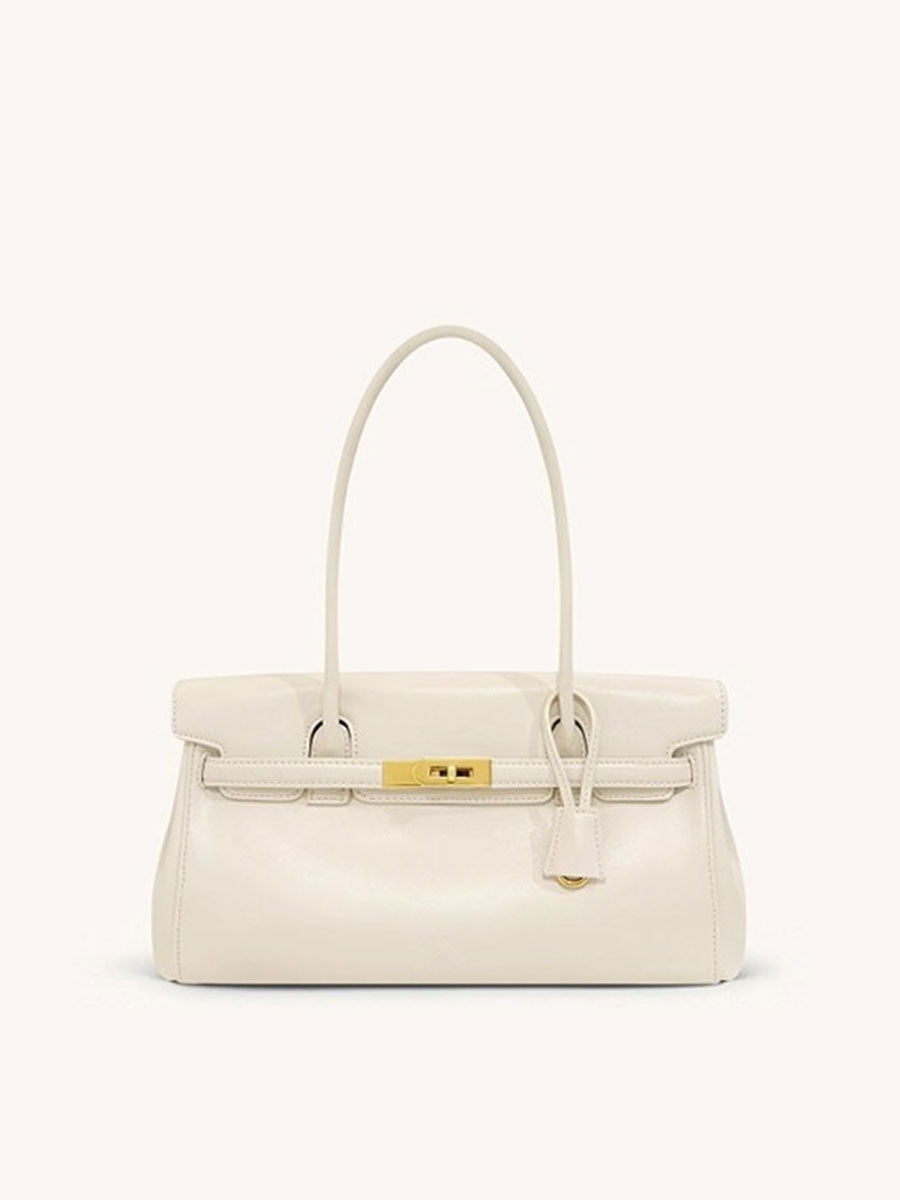 Kelly-Style Baguette Shoulder Bag Cream White