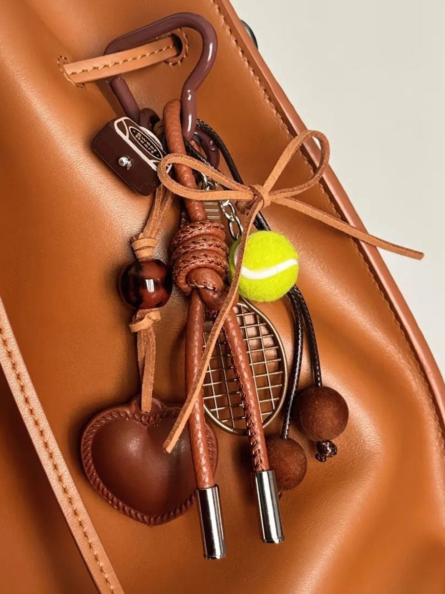 Brown Leather Bow-knot & Tennis Ball Bag Charm