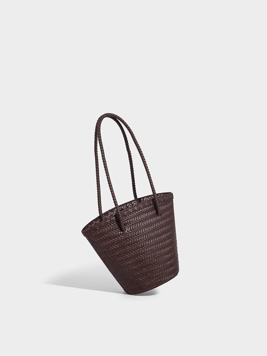 Boho Real Leather Woven Bucket Tote Bag Black