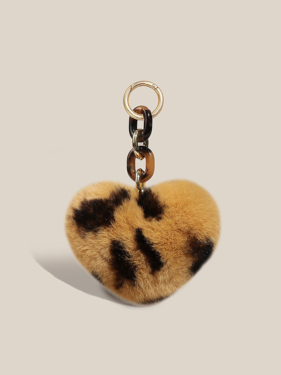 Real Rabbit Fur Leopard Heart Keychain