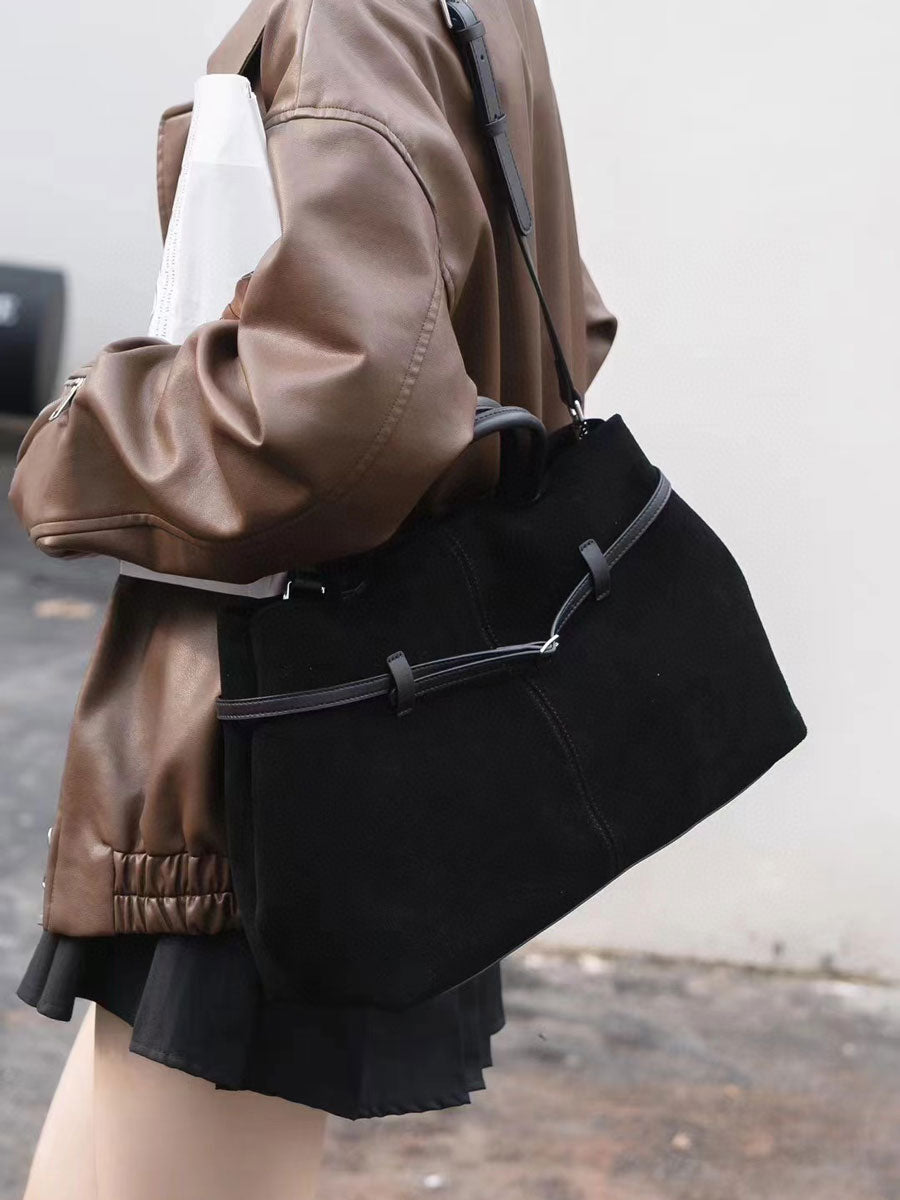 Vintage Suede Tote Bag With Strap Brown Leather
