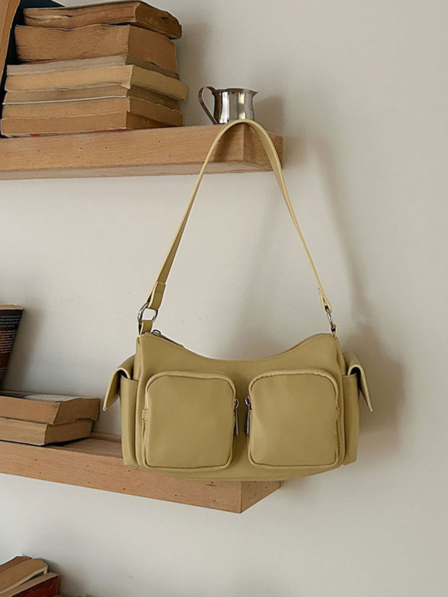 Trendy Shoulder Baguette Bag with Pockets White