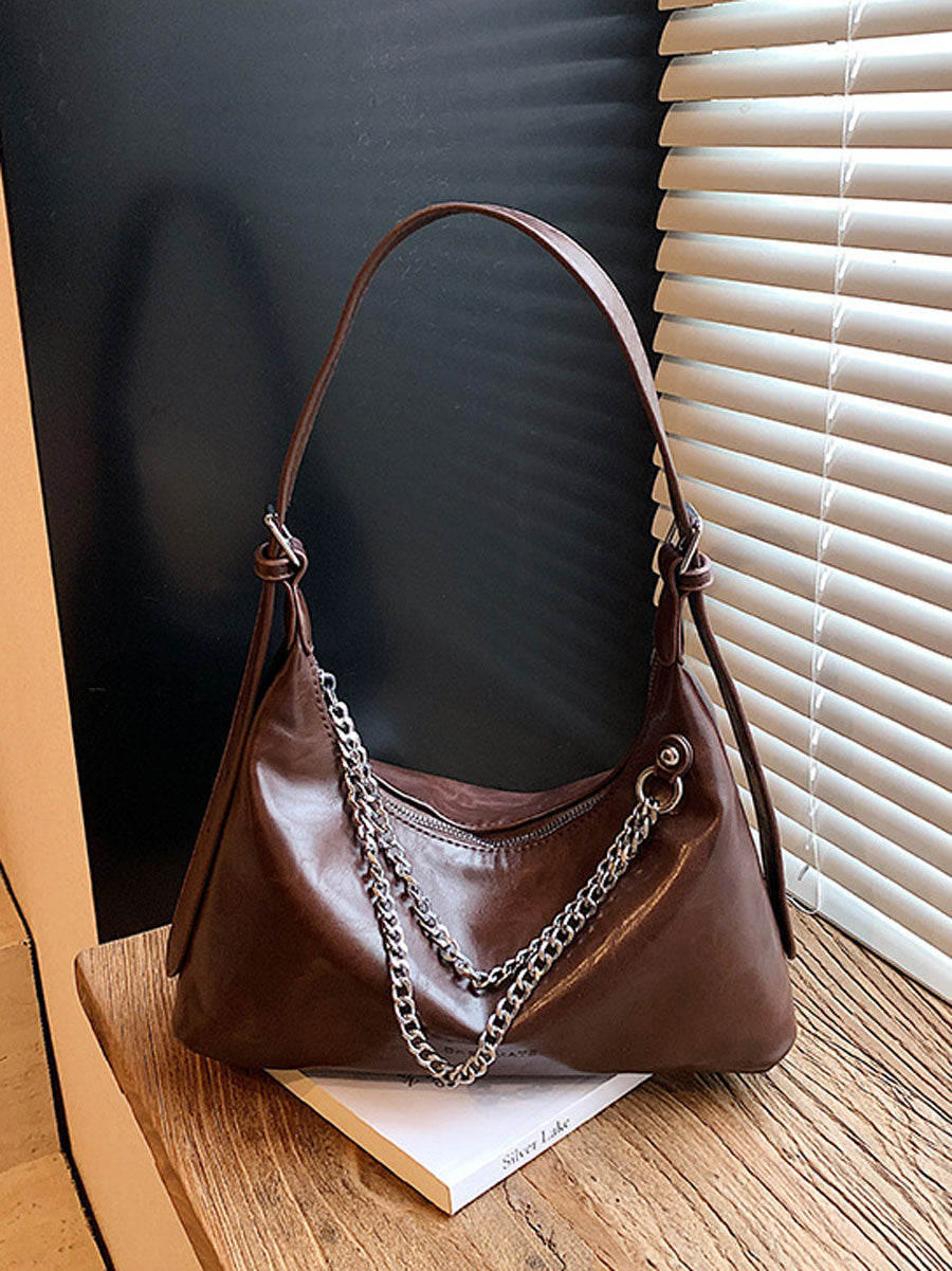Chic Leather Underarm Bag with Chain White