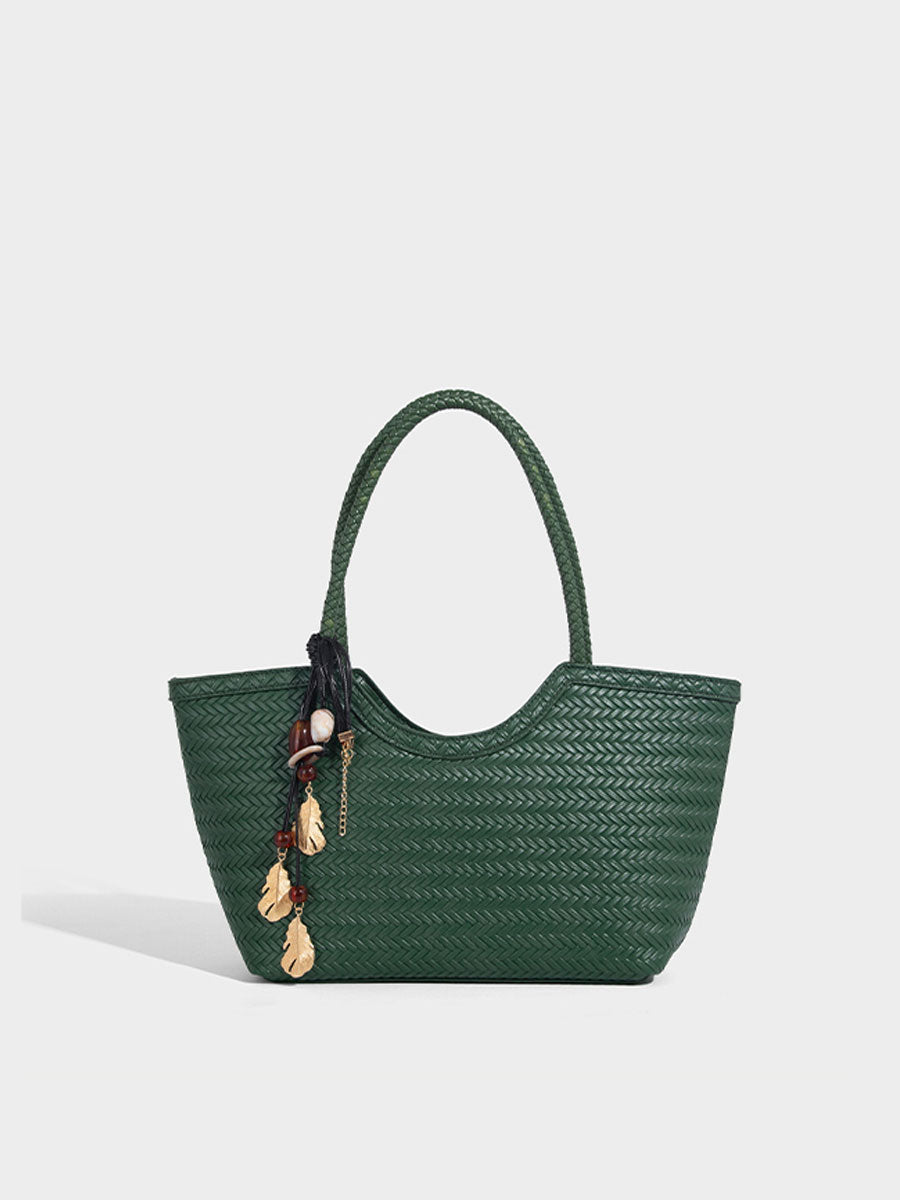 Boho Real Leather Woven Tote Bag Reddish Brown